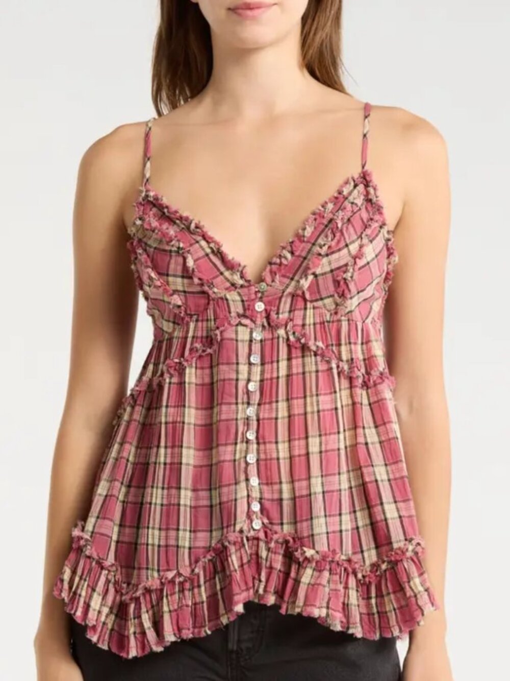 BDG Urban Outfitters Clara Mix Print Ruffle Trim Top Red Check Babydoll SP NWT